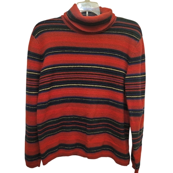 Vintage Ralph Lauren 100% Lambs Wool Red Black Striped Sweater Size Large - Picture 1 of 13
